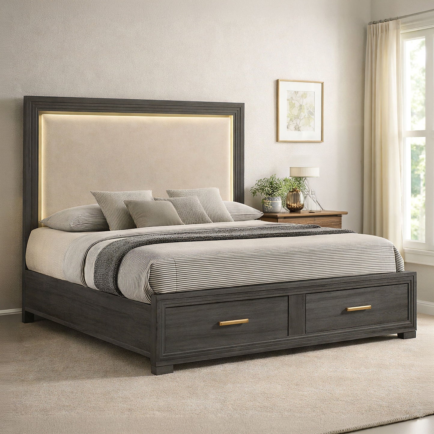 Colorado - Queen Bed With Upholstered LED Headboard - Charcoal