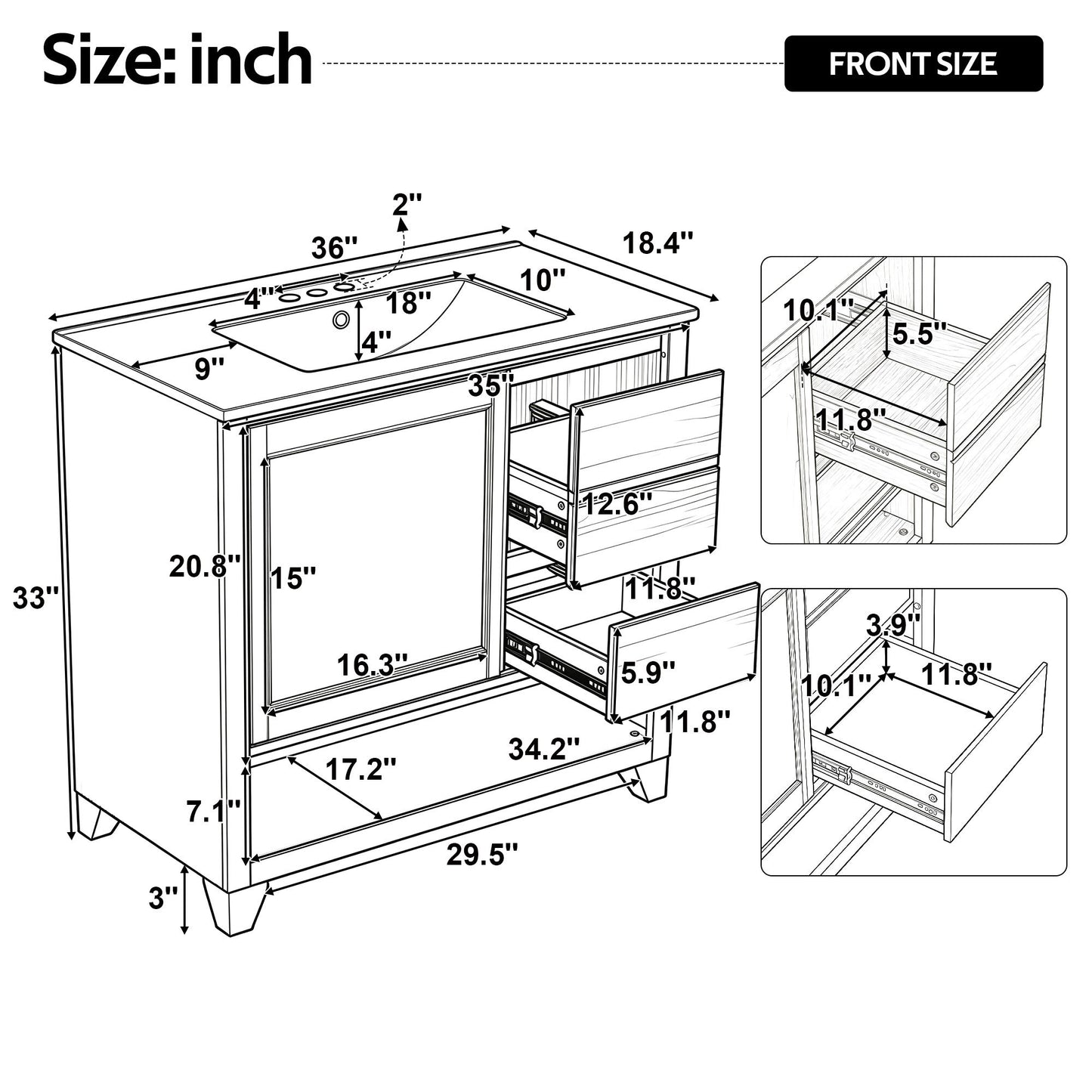 36" Bathroom Vanity With Sink, Soft Close Drawers - Natural