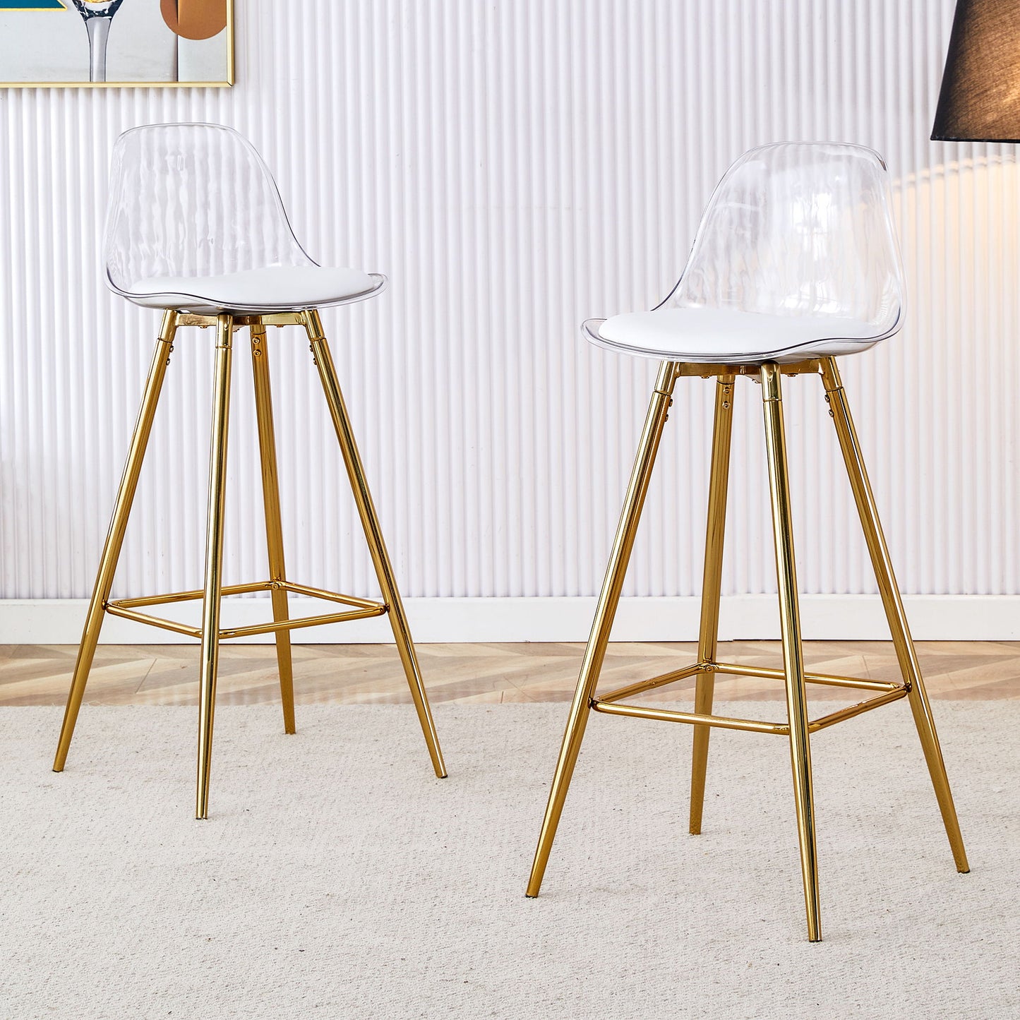 Stylish Upholstered Bar Chairs With Metal Legs For Dining Room Kitchen And Terrace - White / Gold