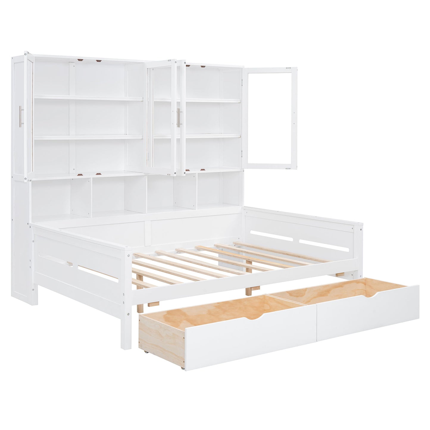 Daybed With Glass Door Storage Cabinets, Built In LED Lighting And Shelves