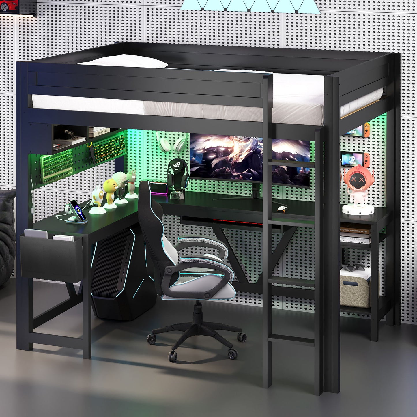 Full Size Gaming Loft Bed With Desk, Storage Shelves, LED And Charging Station - Black