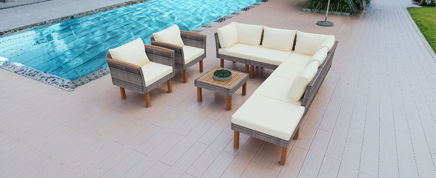 9 Piece Patio Rattan Furniture Set, Outdoor Conversation Set With Acacia Wood Legs And Tabletop, PE Rattan Sectional Sofa Set With Coffee Table, Washable Cushion - Beige