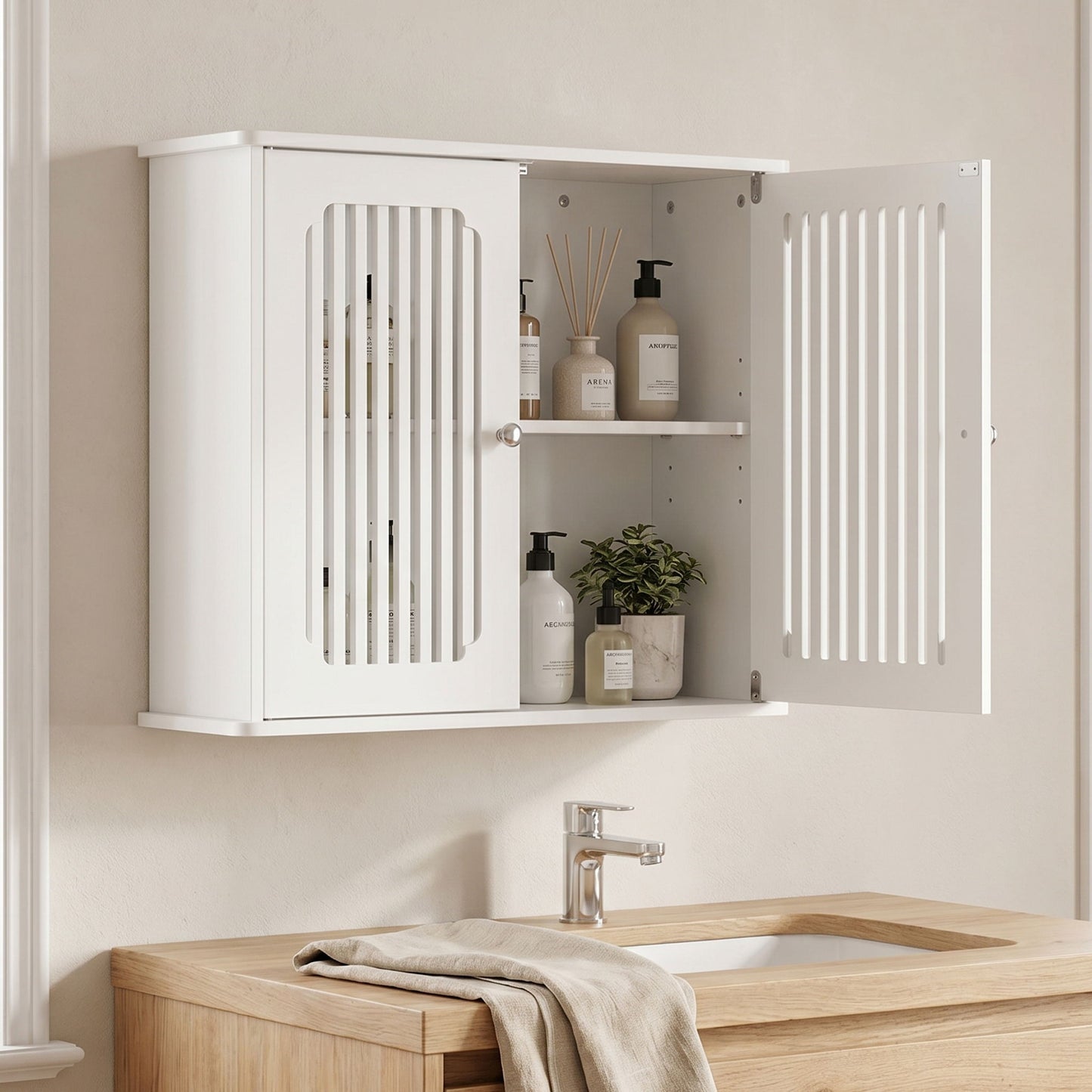 Louvered Double Door Wall Mounted Bathroom Cabinet - White