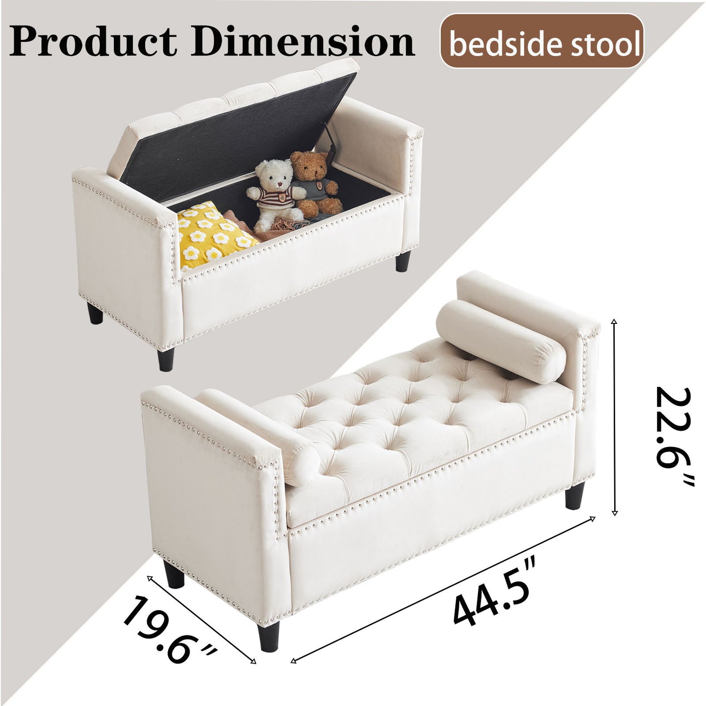 Queen Velvet Button Bedside Storage Bench With Armrests, Nailhead Trim