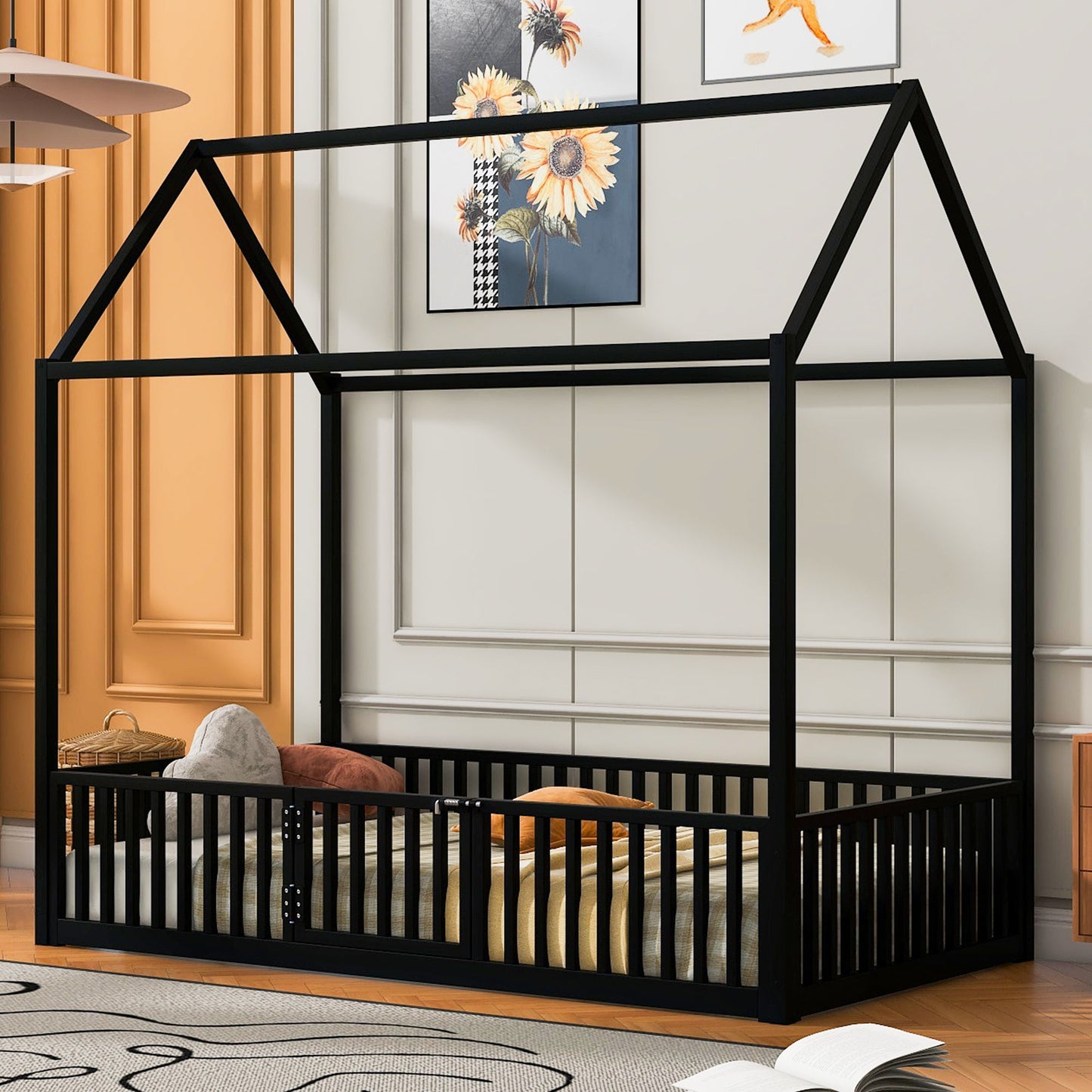 Metal House Bed With Fence And Door