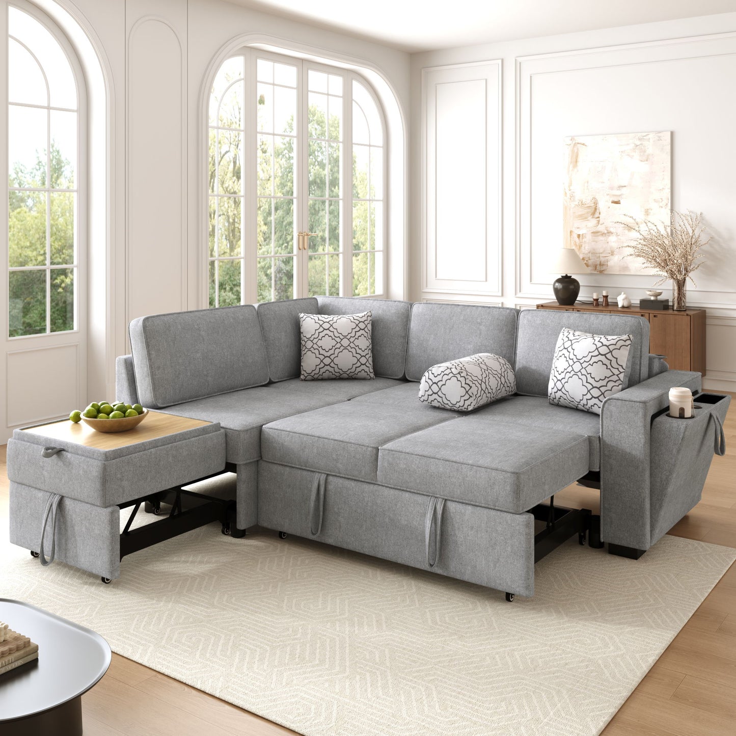Convertible Sectional L-Shaped Sofa With Dual Pull-Out Sleepers, Flip-Top Table, USB Ports, Cup Holder & Storage