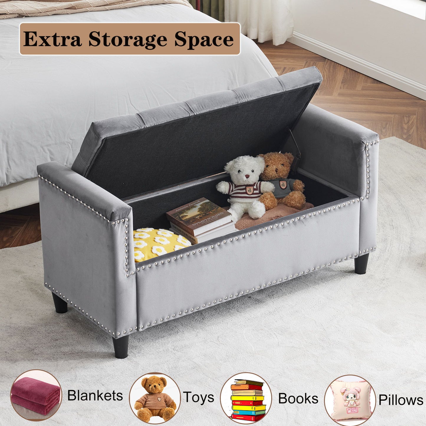 Queen Velvet Button Bedside Storage Bench With Armrests, Nailhead Trim