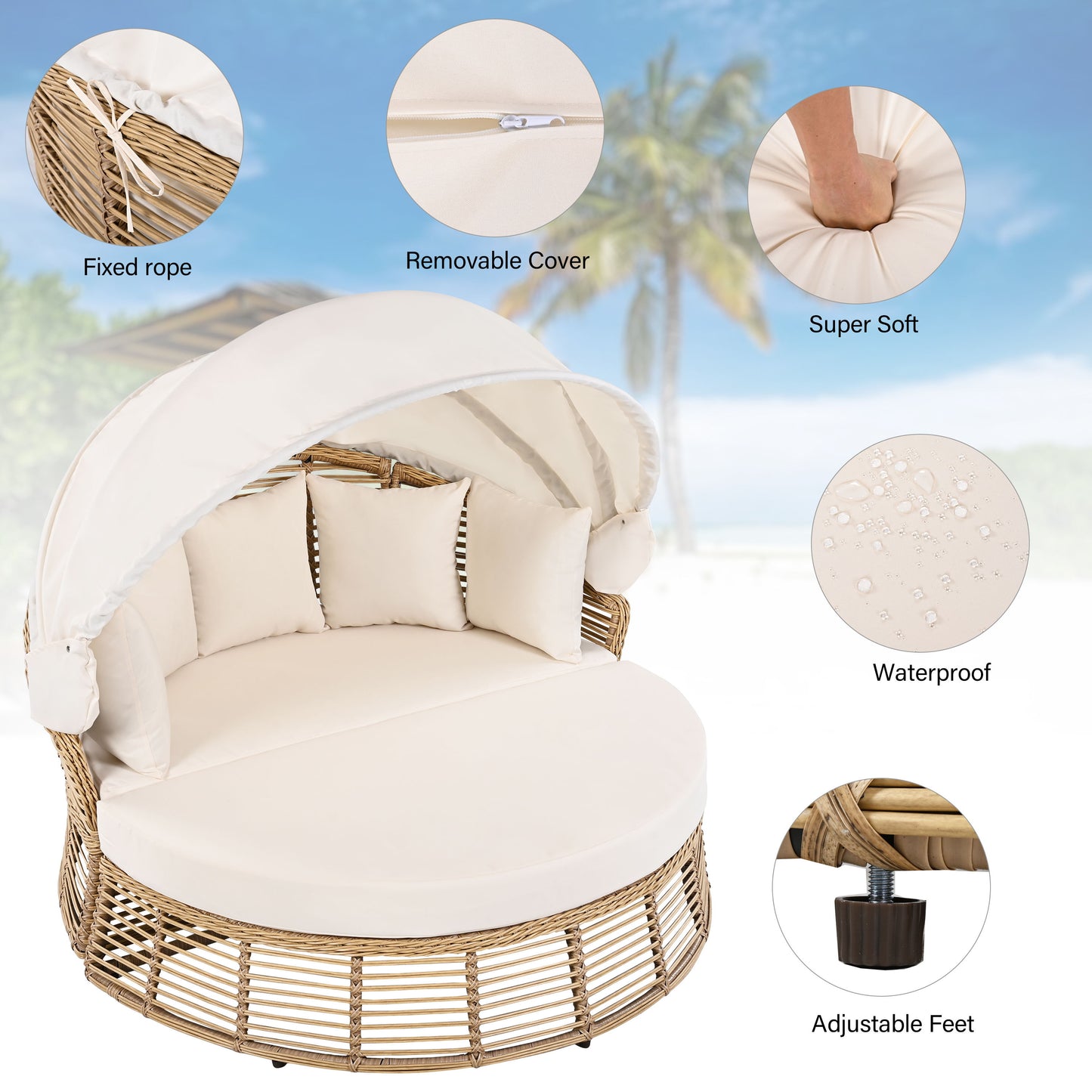 Outdoor Patio Rattan Round Daybed With Retractable Canopy, Wicker Furniture Round Poolside Sofa Sunbed With Removable Cushions, Backyard, Porch - Beige