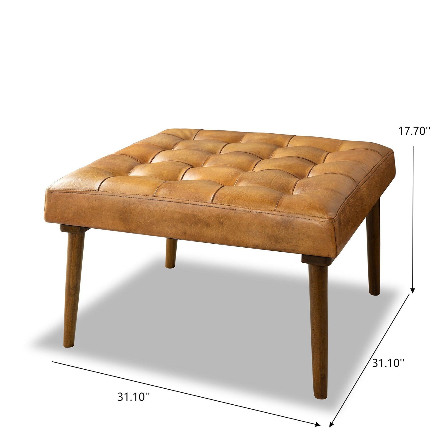 Mark - Mid-Century Tufted Square Genuine Leather Upholstered Ottoman - Light Tan / Rustic