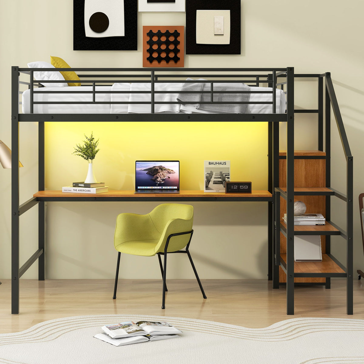 Loft Bed With Desk, Storage Staircase, Small Wardrobe And LED Light