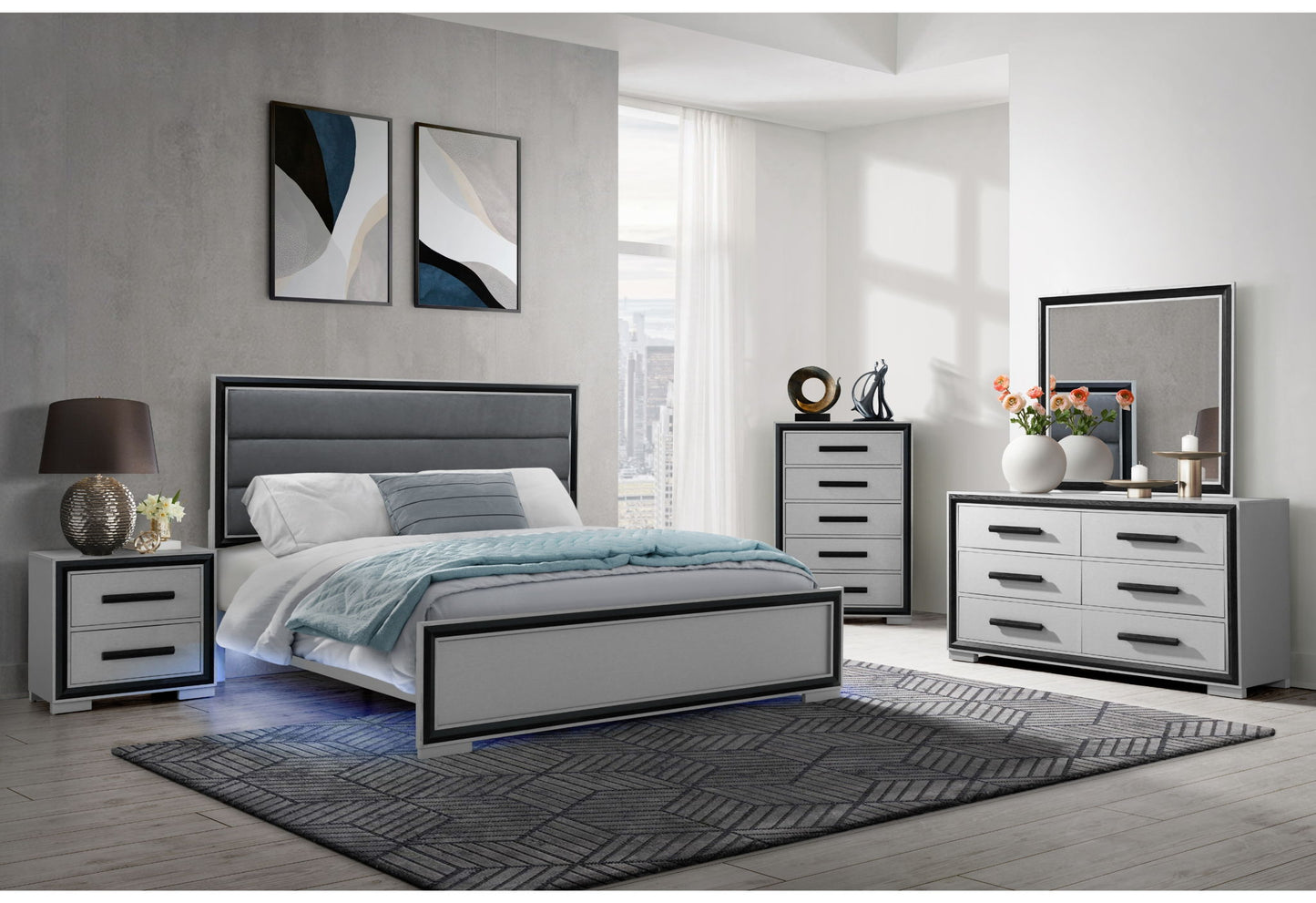 Amelia - Queen Bed King Bed Siderails With LED - Gray Black