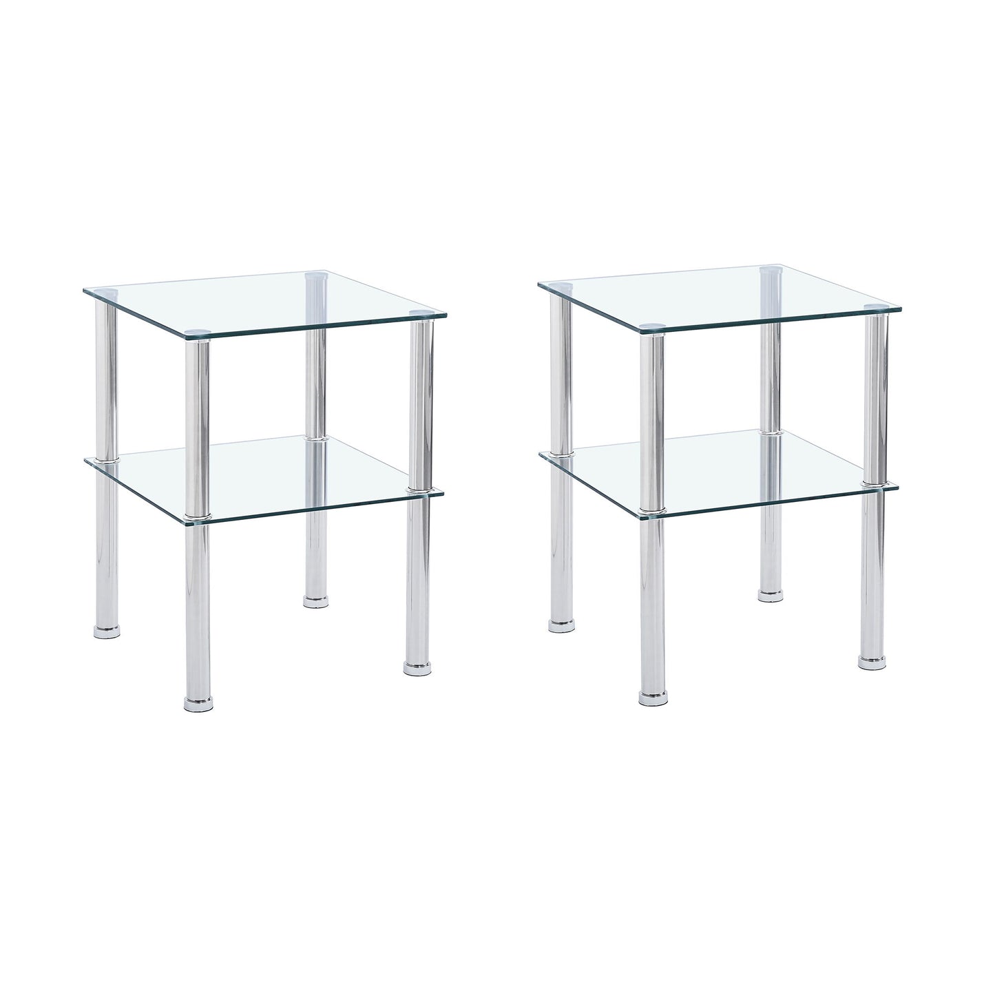 Modern 2 Piece Side Table With Storage Shelf, Tempered Glass, Space Saving Design - Clear