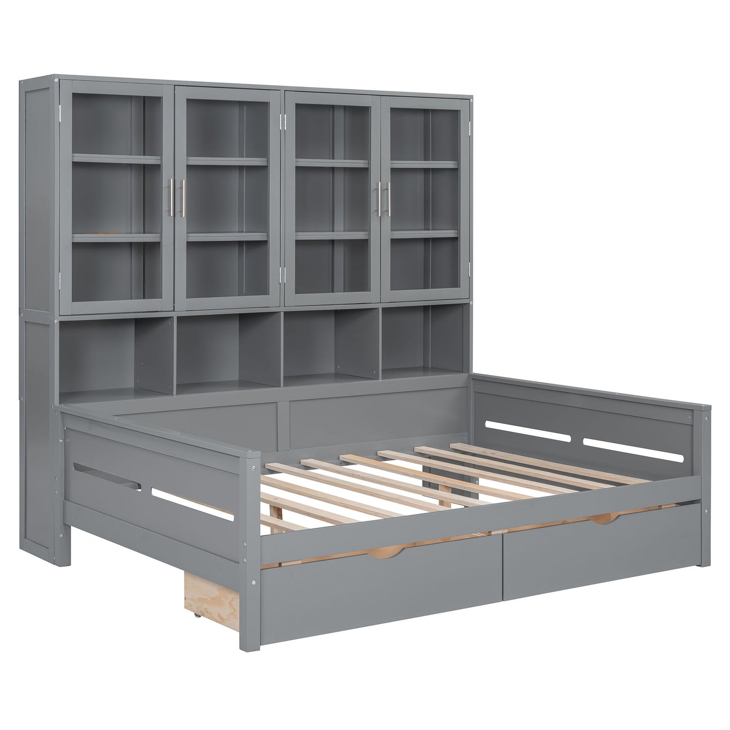 Daybed With Glass Door Storage Cabinets, Built In LED Lighting And Shelves