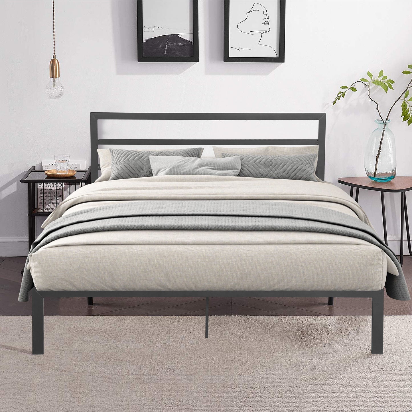Queen Metal Bed Frame With Headboard - Charcoal Gray