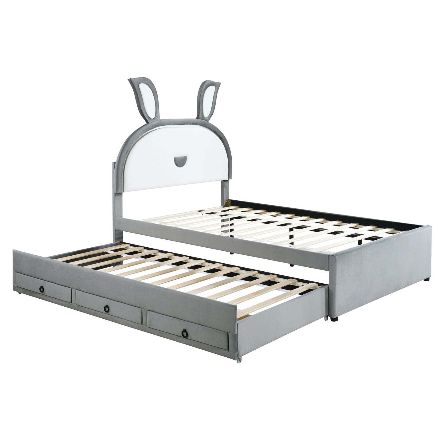 Upholstered Platform Bed With Trundle And 3 Drawers, Rabbit-Shaped Headboard With Embedded LED Lights