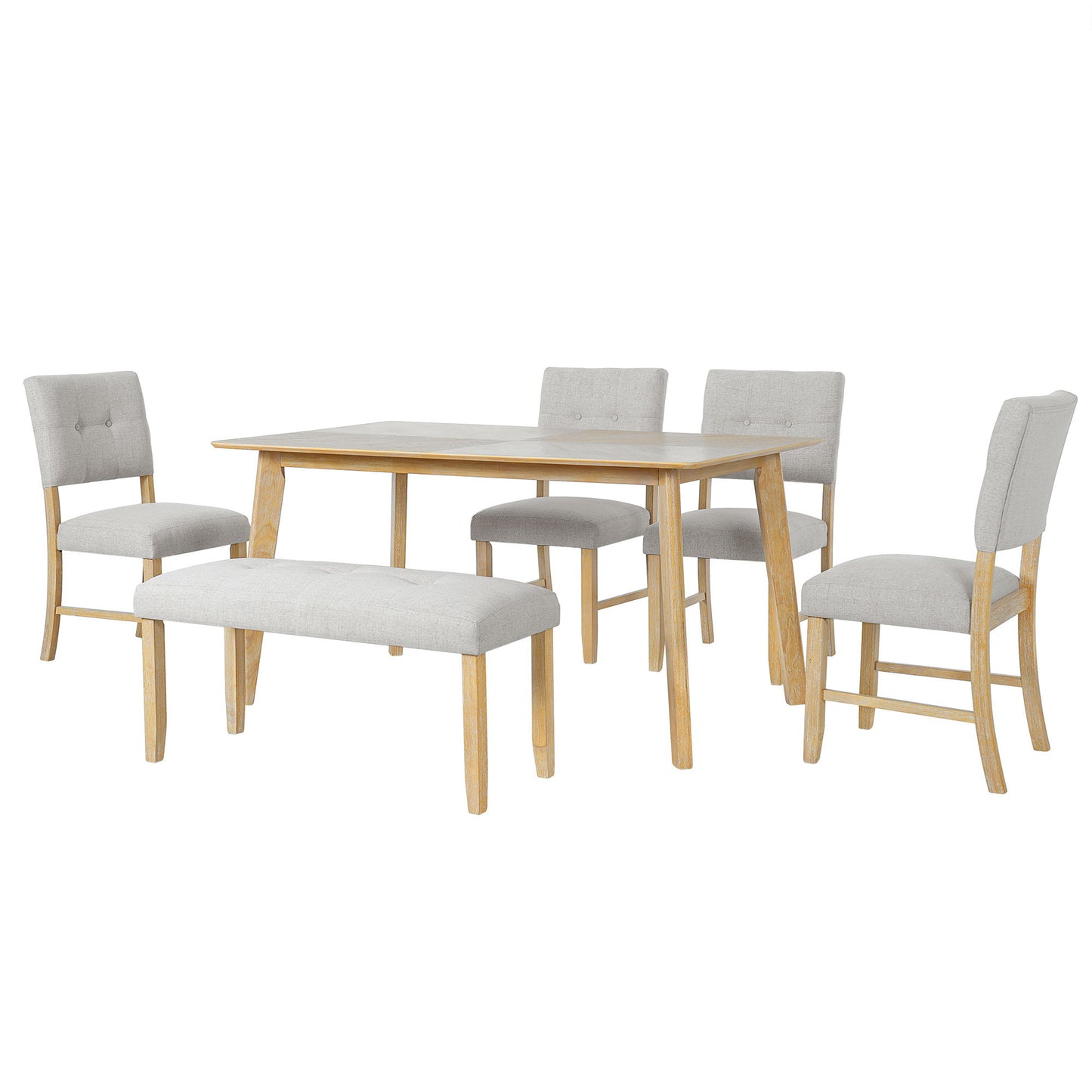 Rustic Farmhouse Dining Room Rectangular Table With 4 Upholstered Chairs And Bench