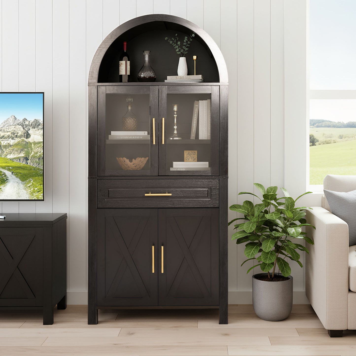 Arched Kitchen Pantry Cabinet With With Adjustable Shelves And Barn Door - Black