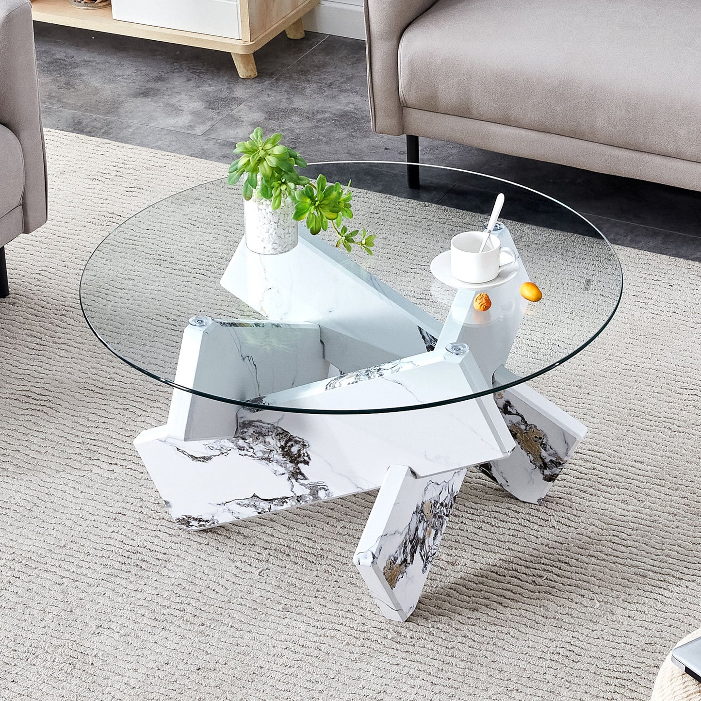 Modern Round Glass Coffee Table With Tempered Glass Countertop - White
