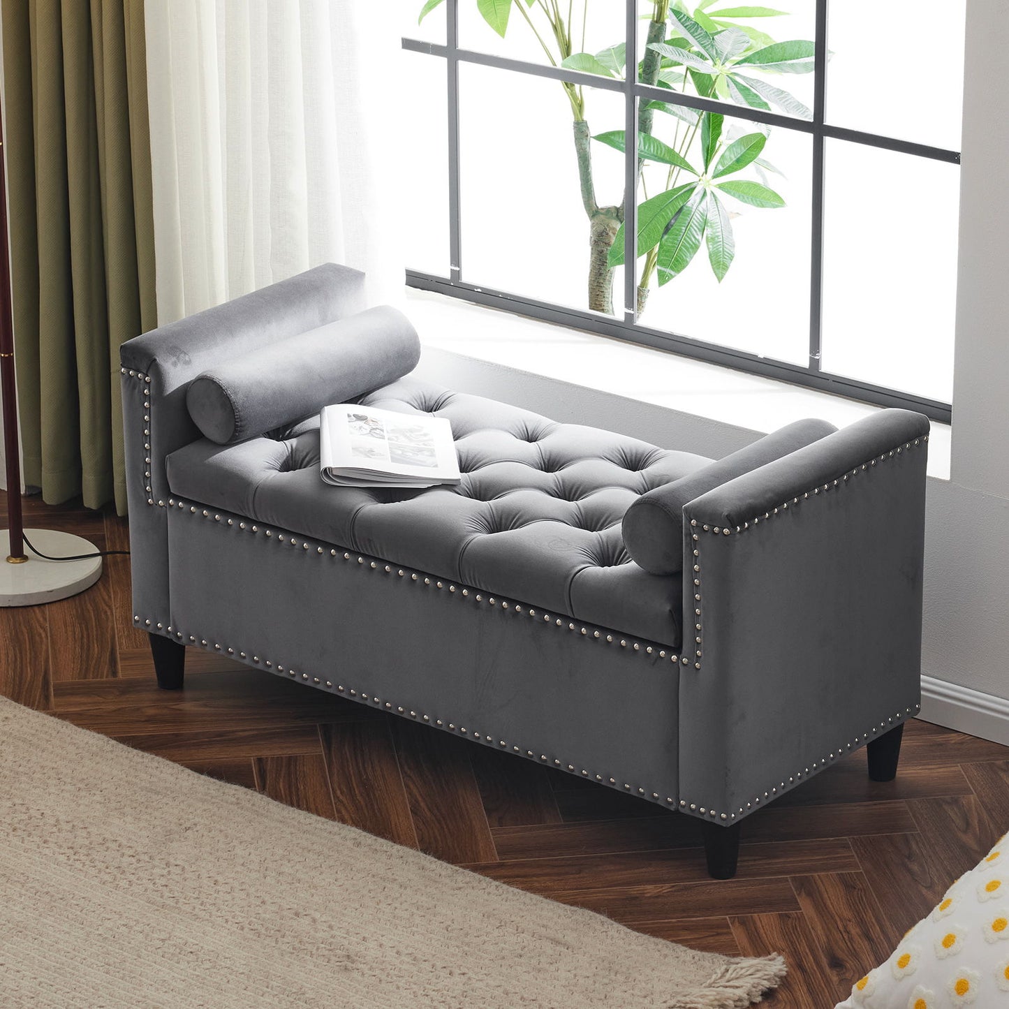 Queen Velvet Button Bedside Storage Bench With Armrests, Nailhead Trim