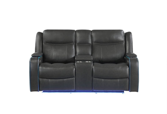UM2768 - Power Console Reclining Loveseat With Power Headrest, LED Lights, LED Welt Storage Arms, LED Cupholders And USB A/C - Charcoal
