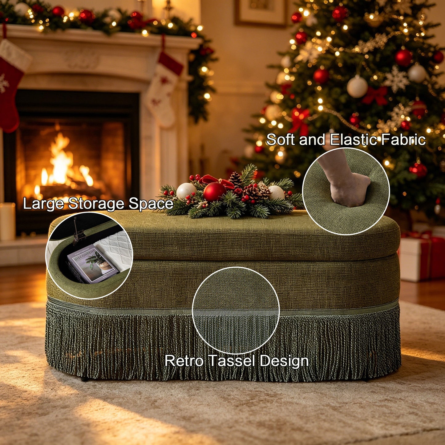 Oval Upholstered Storage Ottoman With Fringe Trim & Lift Top Lid