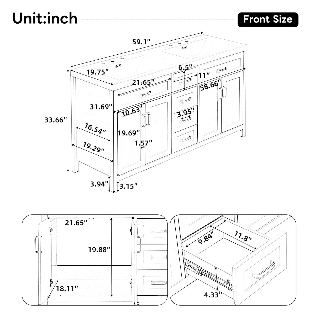 59.1" Minimalist Double Sink Bathroom Vanity With Top, Soft Close Doors & Drawers - White