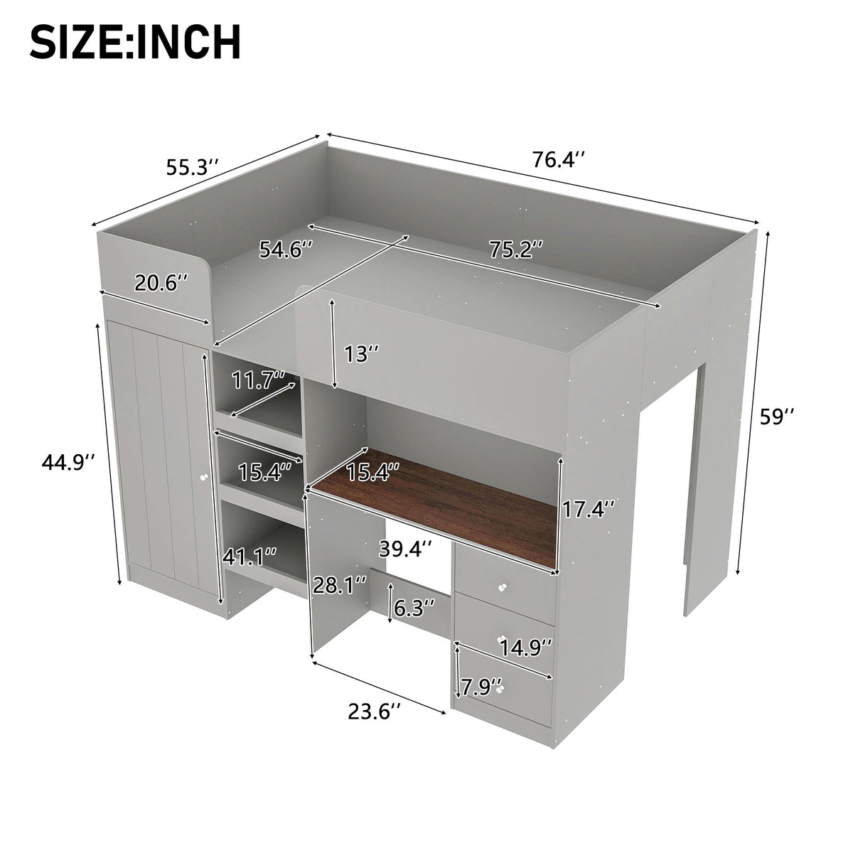 Loft Bed With Built In Wardrobe, Desk, Shelves, And Drawers