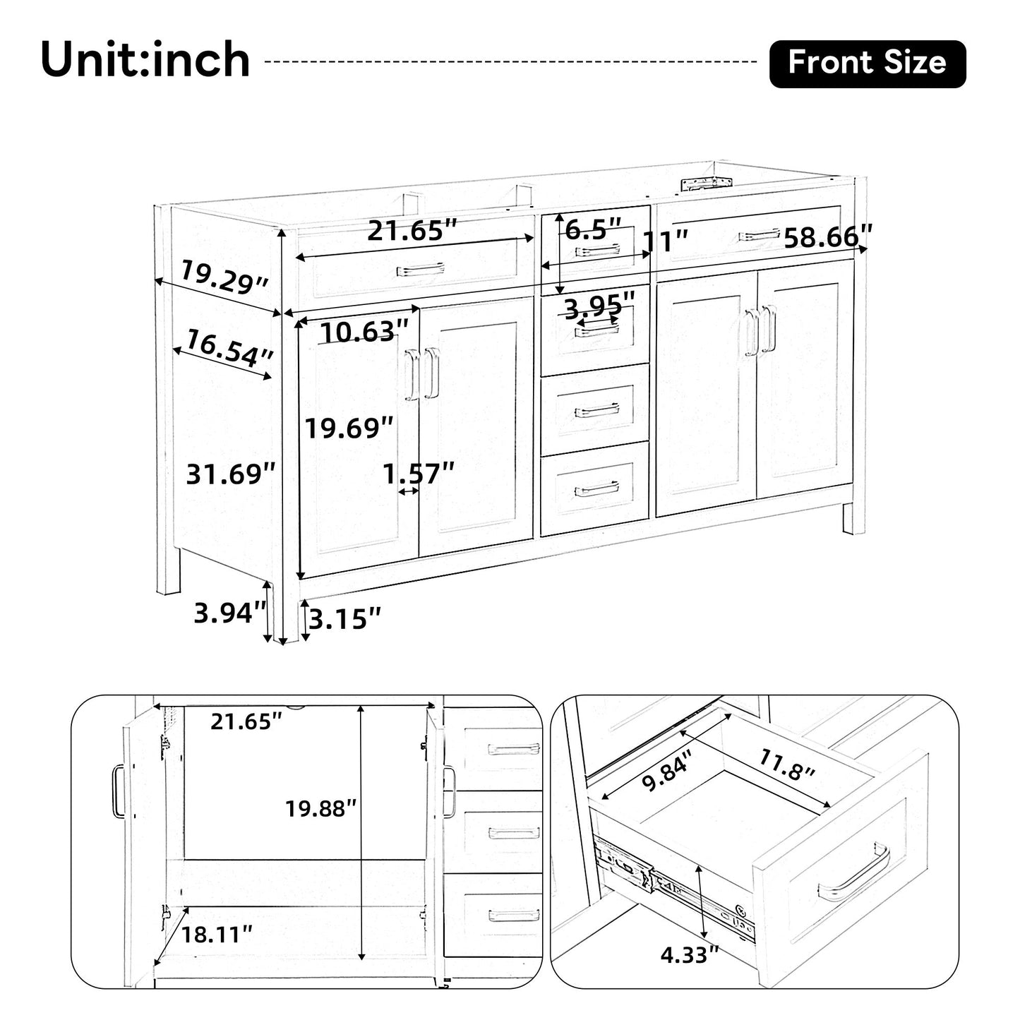 Bathroom Vanity Cabinet Only, Soft Close Doors & Drawers, 4 Drawers & 2 Double Door Cabinets - White