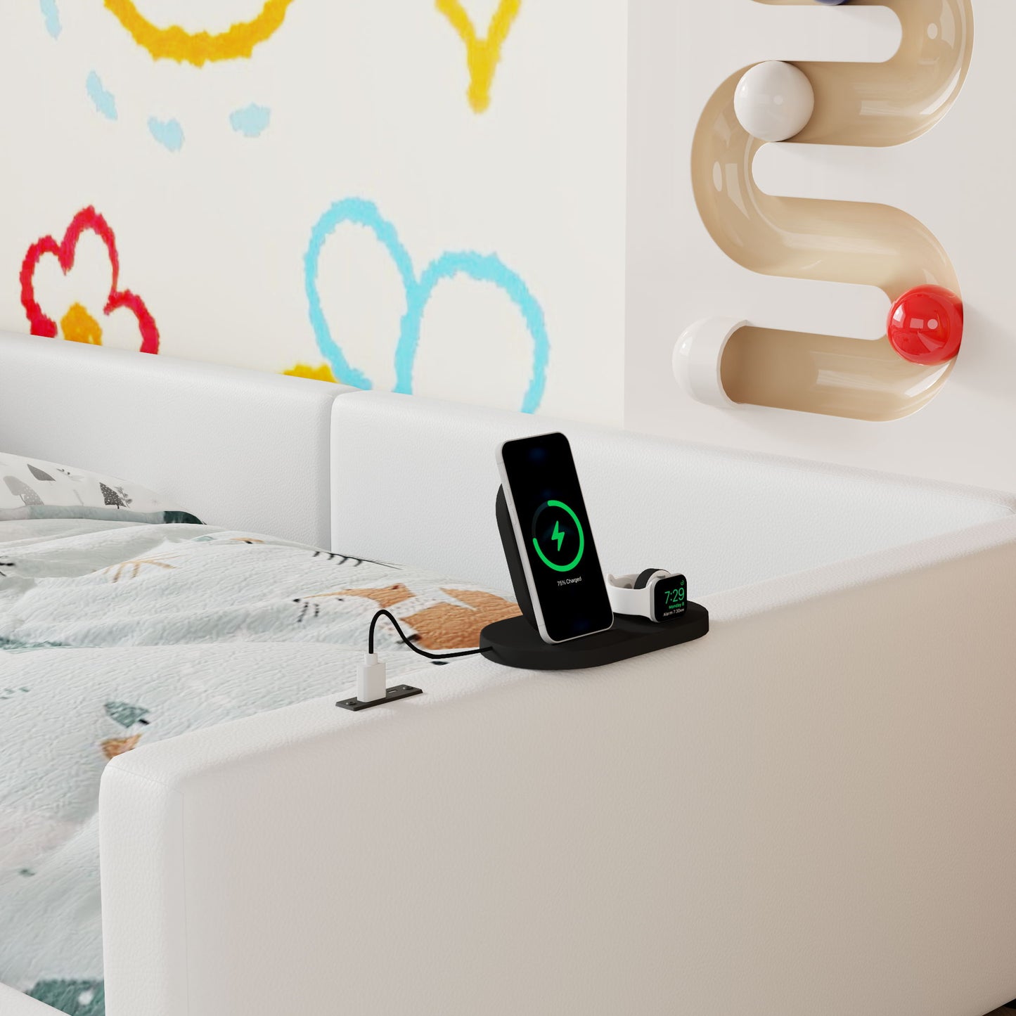 Twin Size Upholstered Platform Bed With Guardrail And Charging Station - White