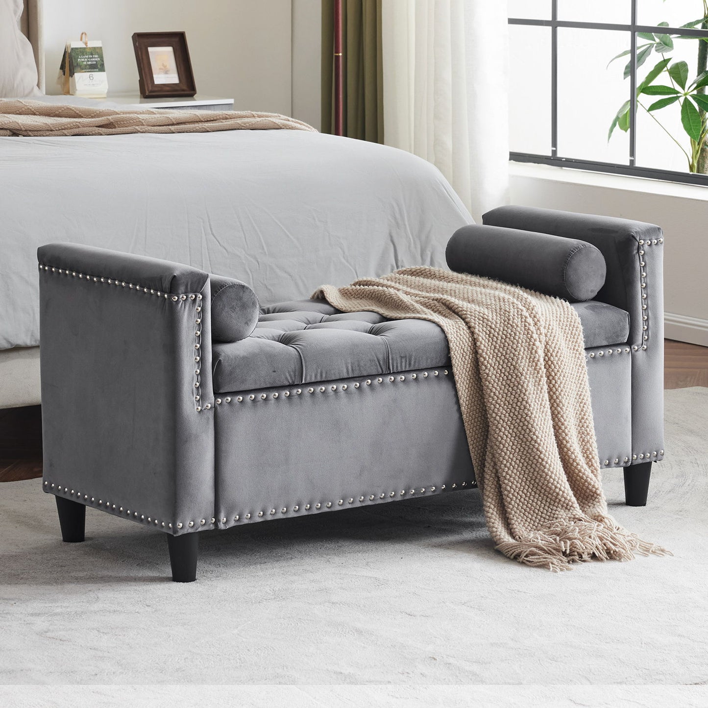 Queen Velvet Button Bedside Storage Bench With Armrests, Nailhead Trim