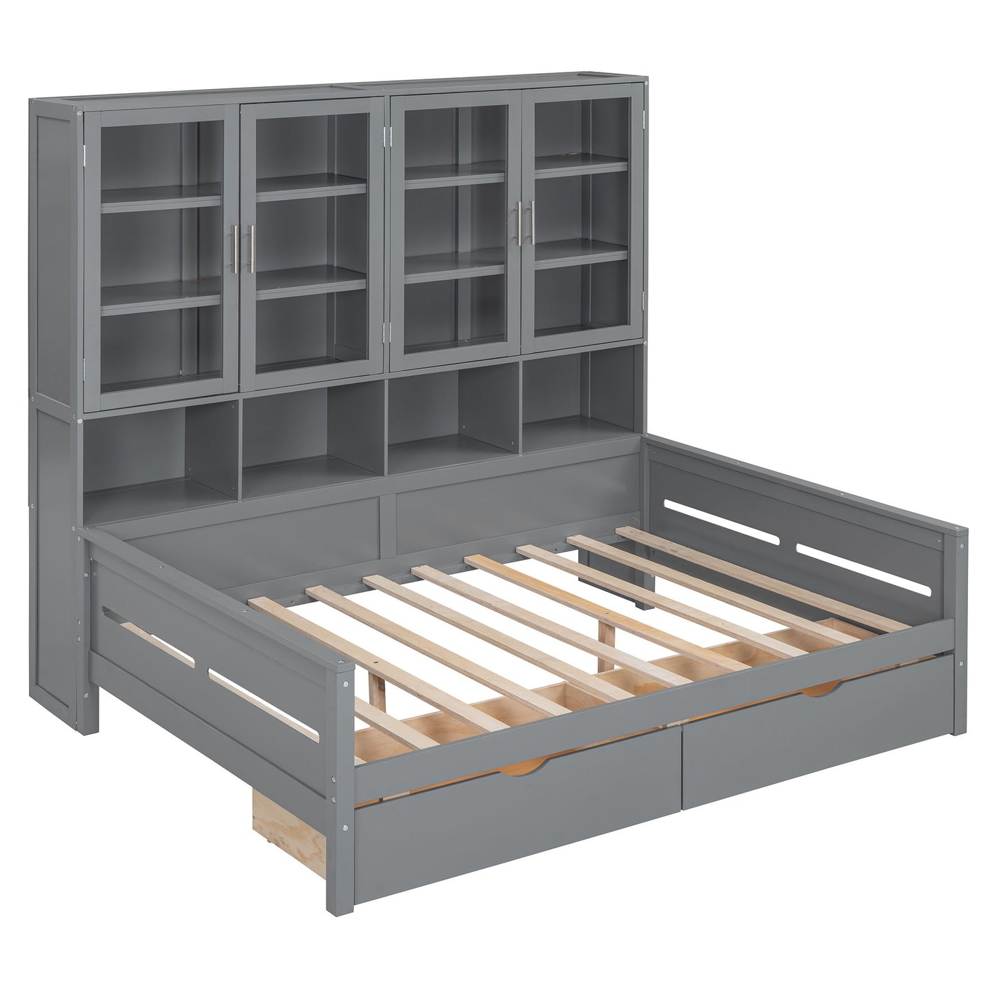 Daybed With Glass Door Storage Cabinets, Built In LED Lighting And Shelves