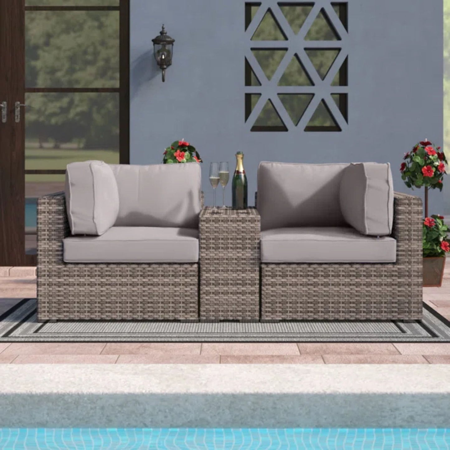 Outdoor Wicker Seating Group With Cushions, 2 Person - Gray