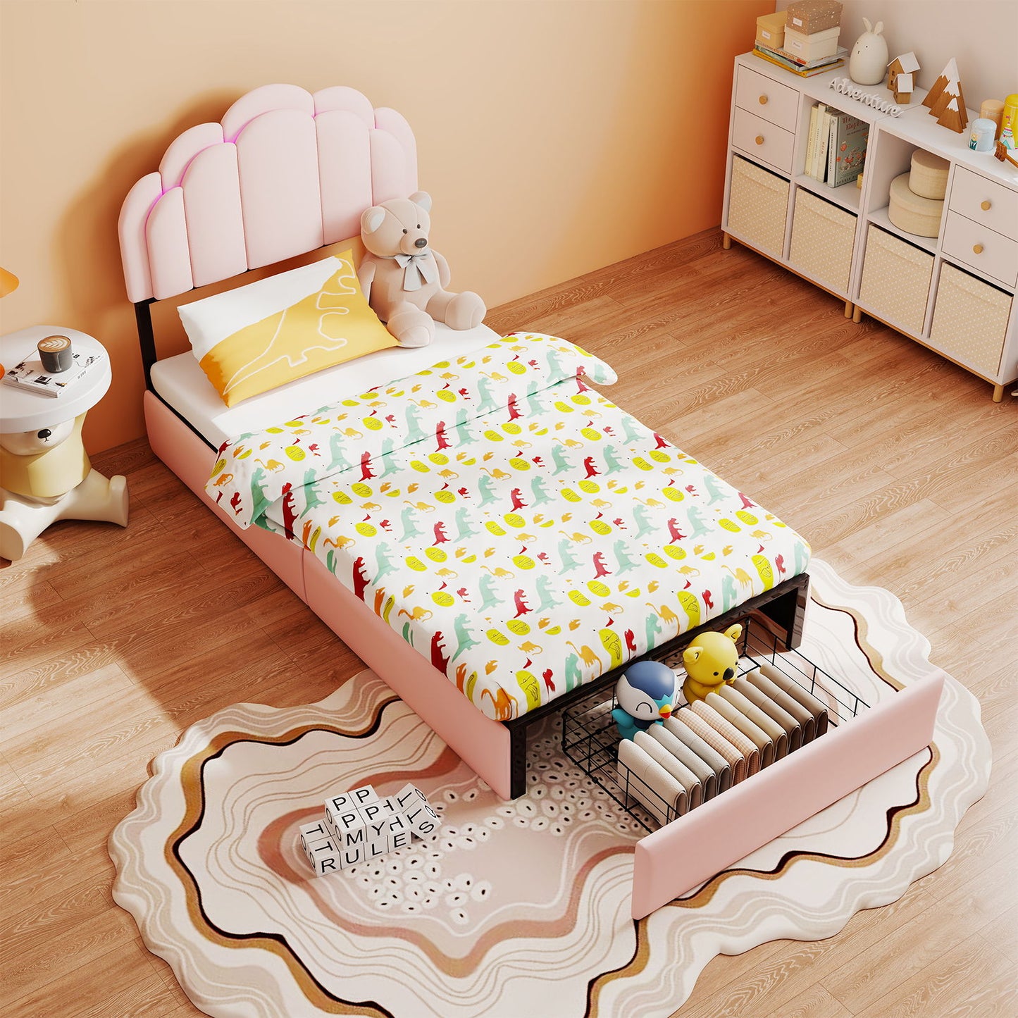 Twin Petal Platform Bed With RGB LED Lights & Storage Drawers, - Pink