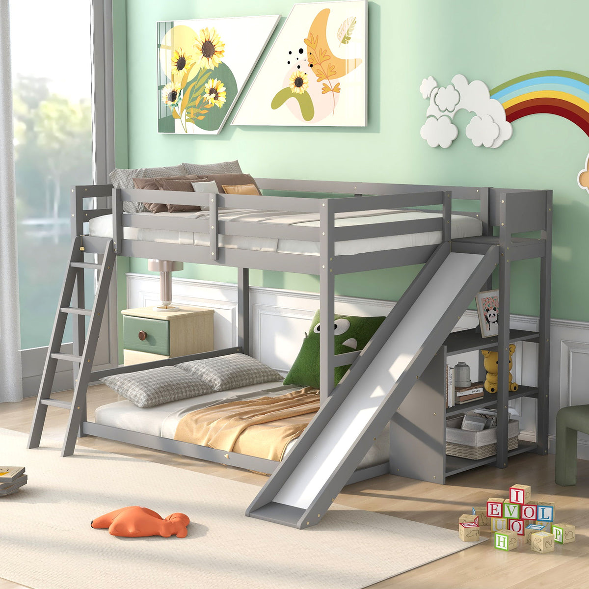 Bunk Bed With Ladder, Slide, And Shelves Pine Wood