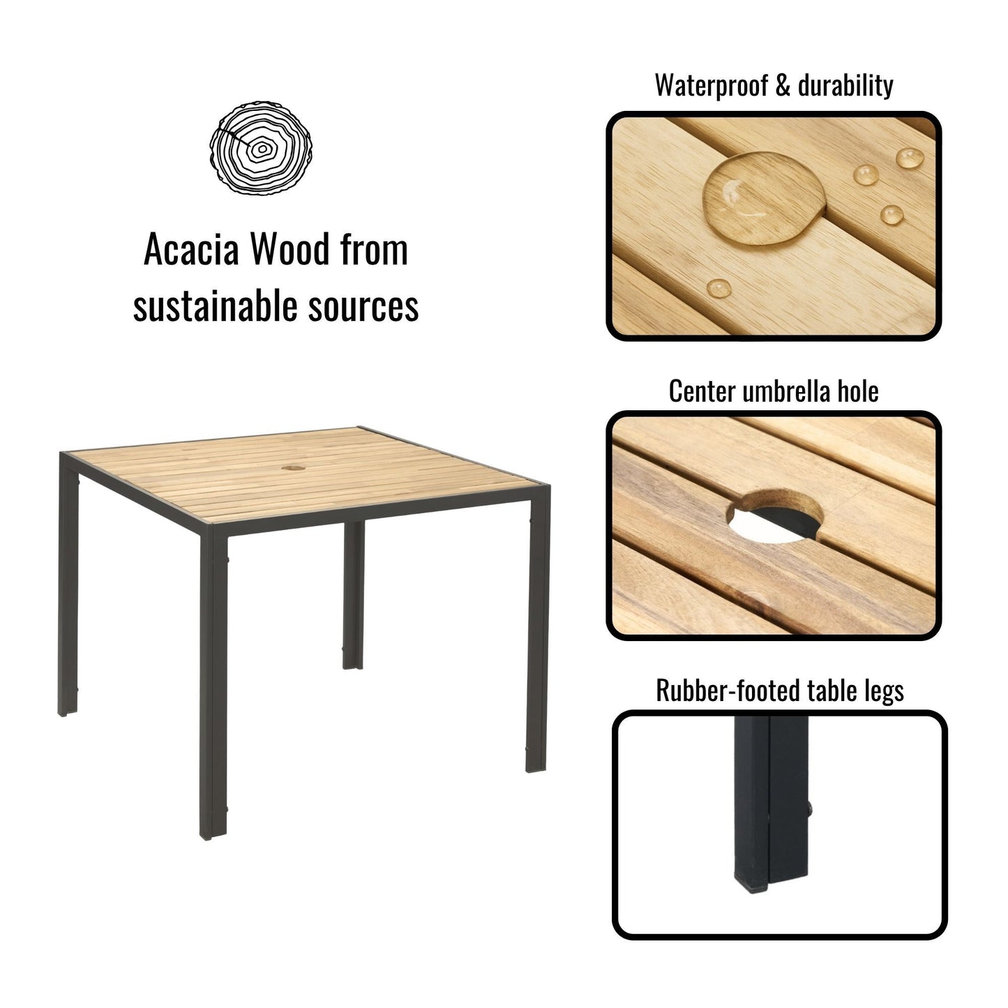 5 Piece Patio Dining Table Set, Acacia Wood Table Top With Umbrella Hole