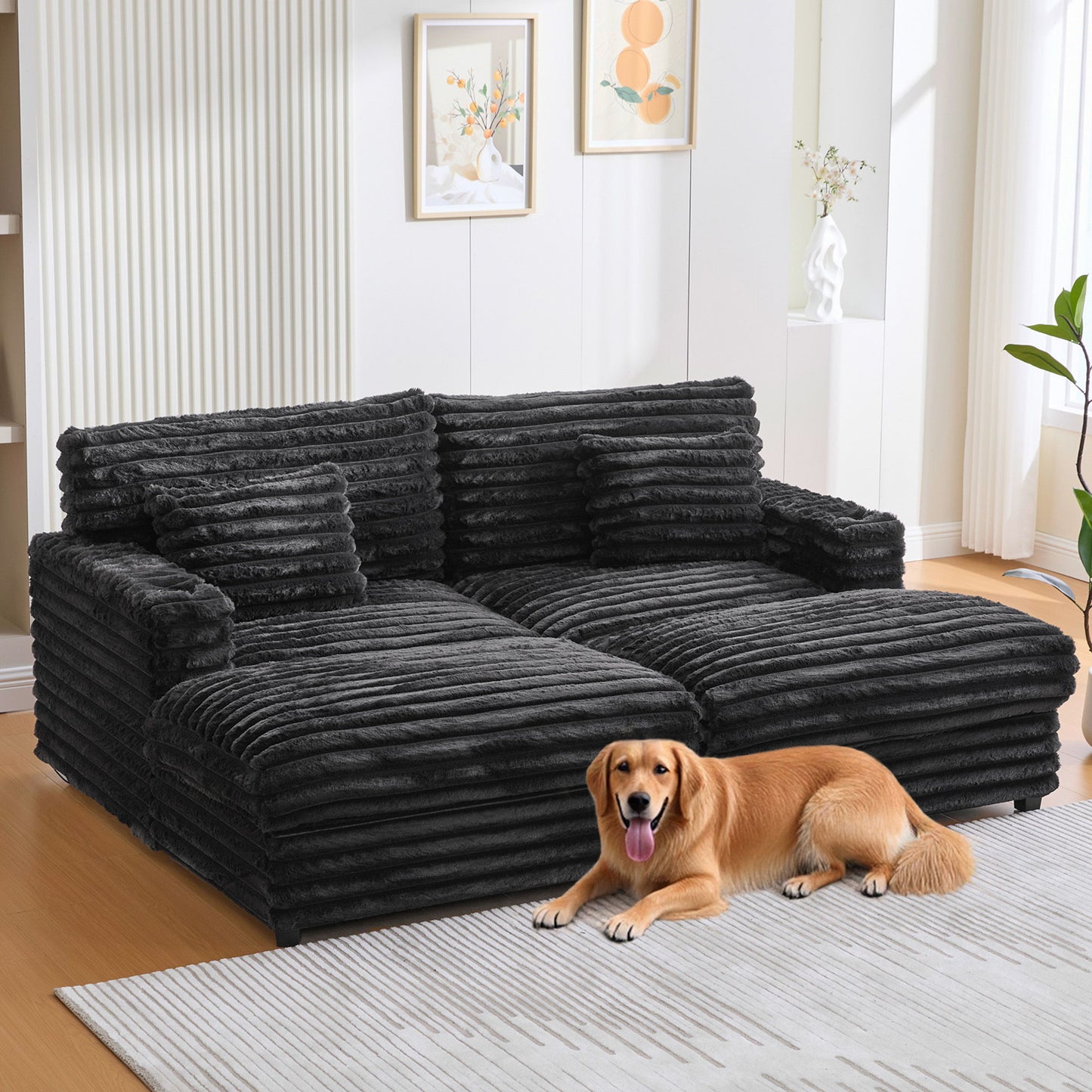 Plush Oversized Double Chaise Lounge Sofa Bed With USB Ports And Cup Holders