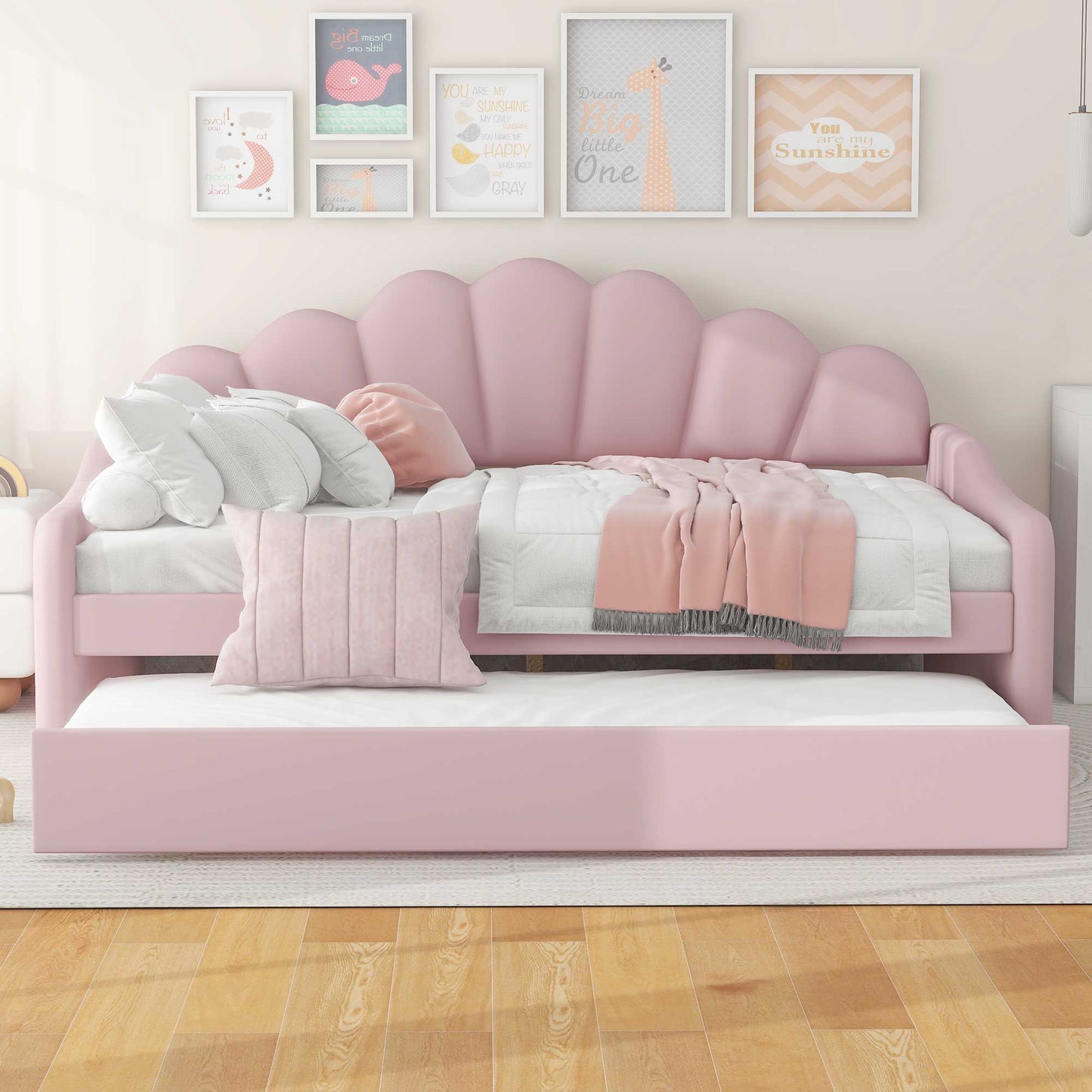 Upholstery Daybed Frame With Shell Shaped Backrest And Trundle