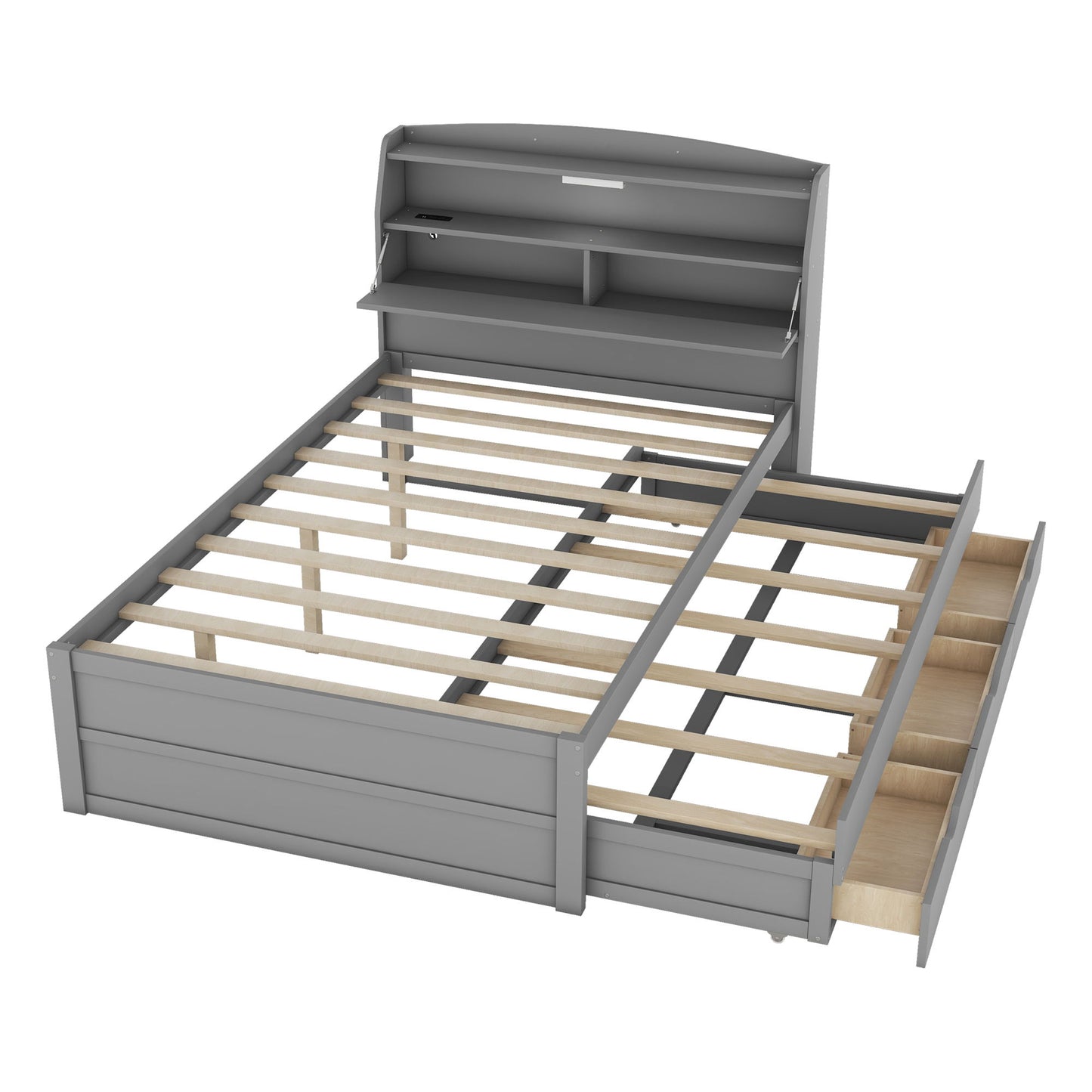 LED Platform Bed With Trundle With Storage Headboard With Drawers