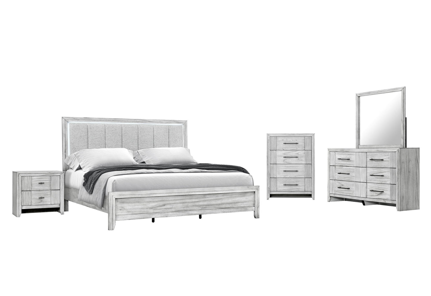 Elsie - King Bed Headboard With LED, Footboard And Slats - Light Gray