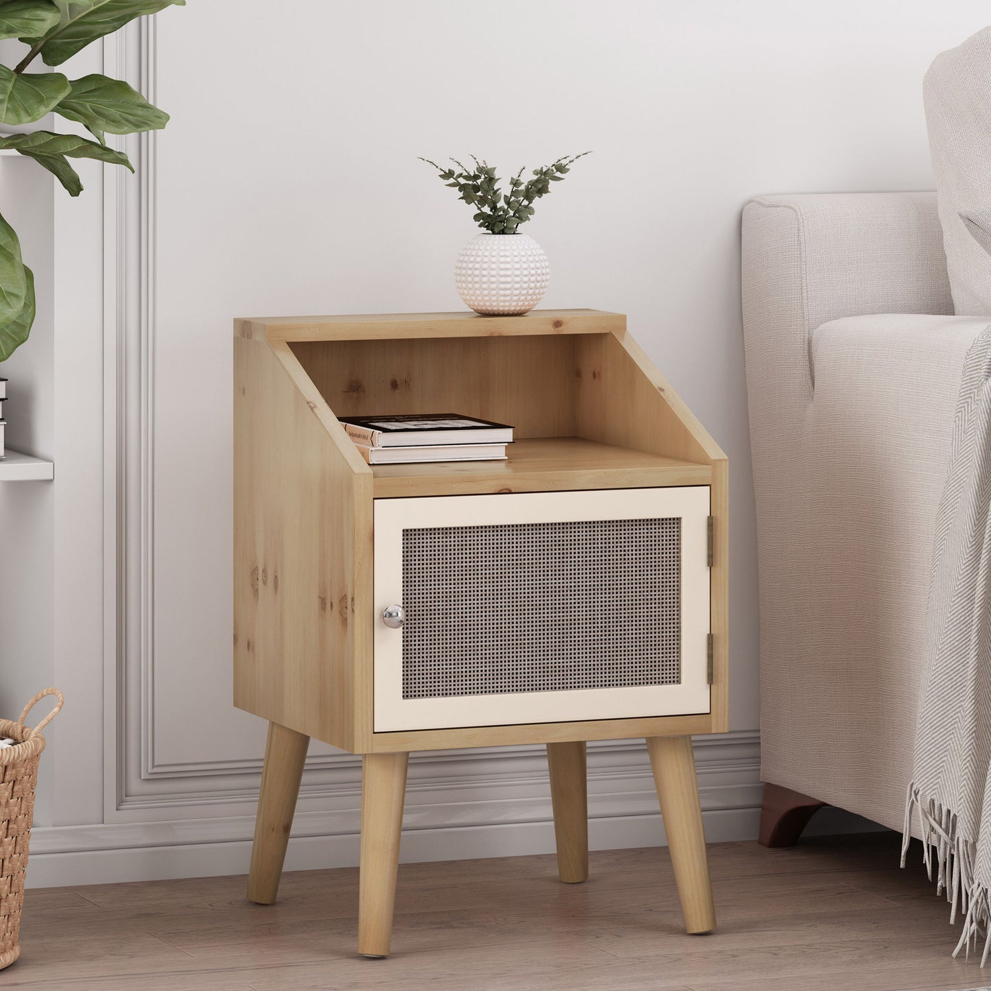 Contemporary End Table With Rattan Accents And Tempered Glass - Natural / White