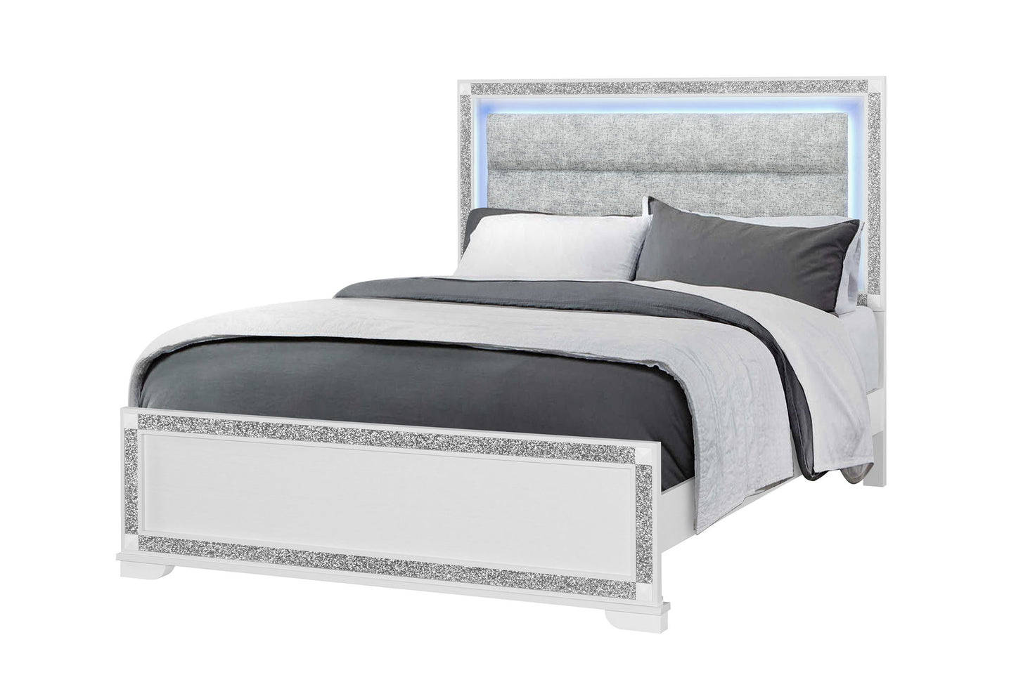 Soleil - Queen Bed Headboard With LED, Footboard And Slats - White