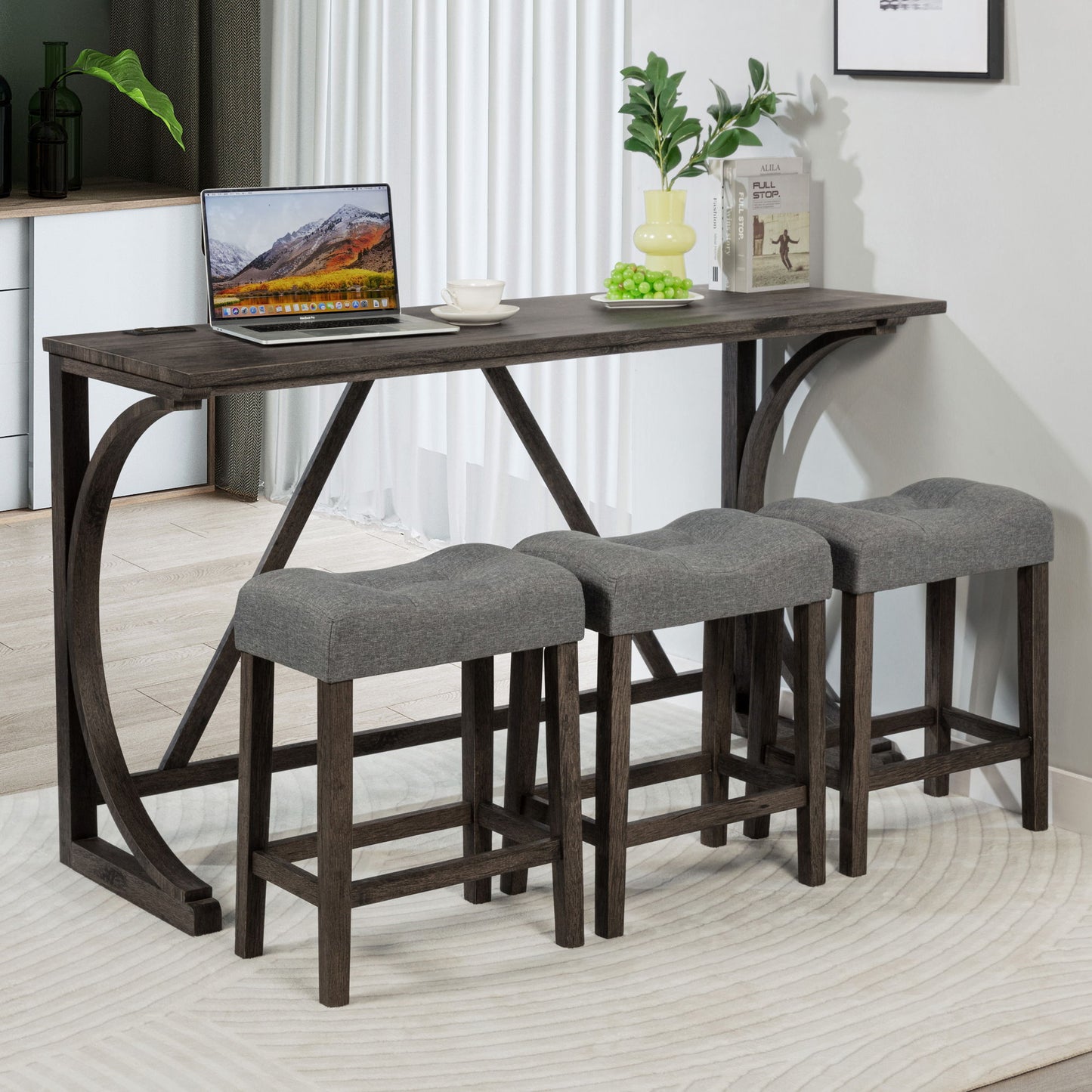 Bar Table Set With 3 Padded Stools