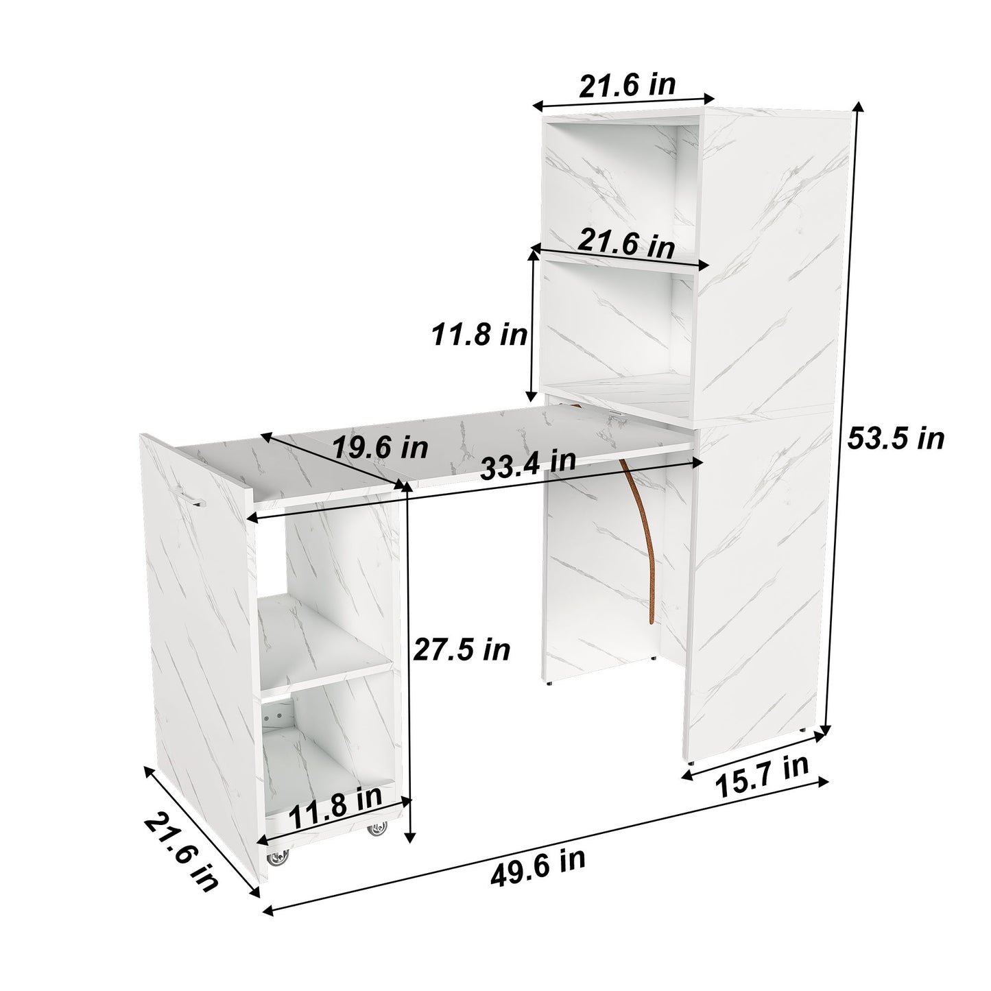 Stretchable Office Desk With Storage Shelves And Mobile Wheels, Foldable Design For Small Apartments - White Marble