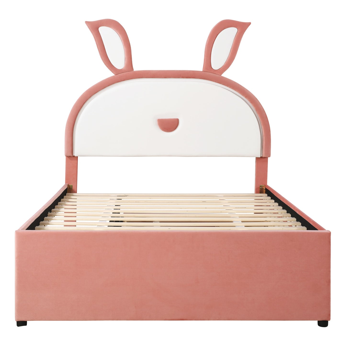 Upholstered Platform Bed With Trundle And 3 Drawers, Rabbit-Shaped Headboard With Embedded LED Lights