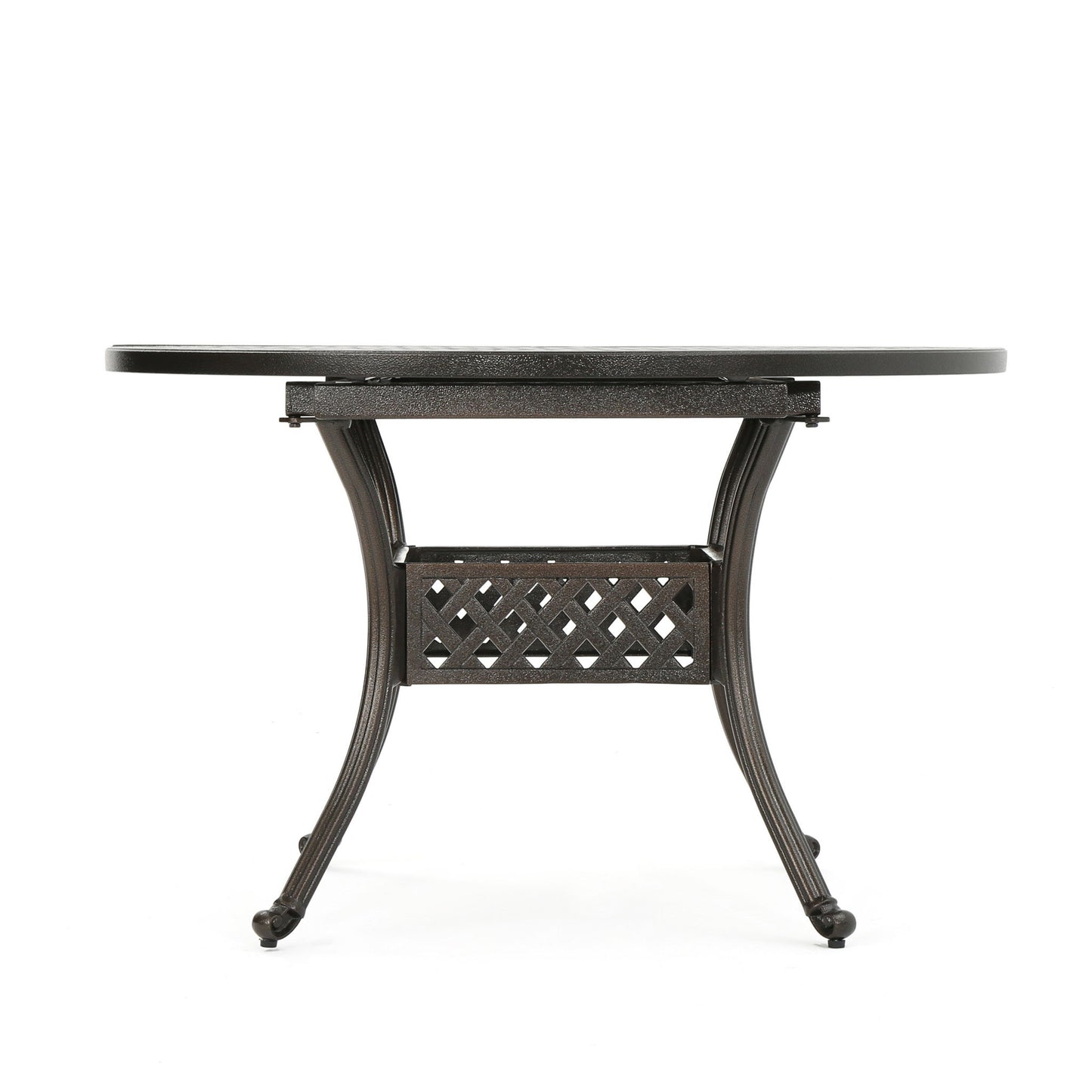 Outdoor Expandable Aluminum Dining Table With Latticework Details And Curvy Legs