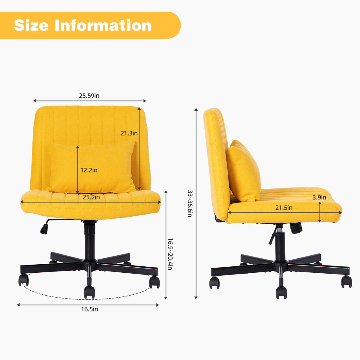 Criss Cross Armless Office Chair With Wheels Comfortable For Home Office - Yellow