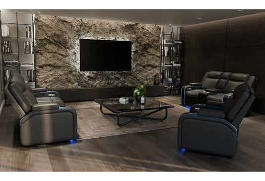 UM2768 - Power Reclining Sofa, Power Console Reclining Loveseat With Global Surround Sound Speaker And Recliner With Power Headrest And LED Accent Lighting - Charcoal