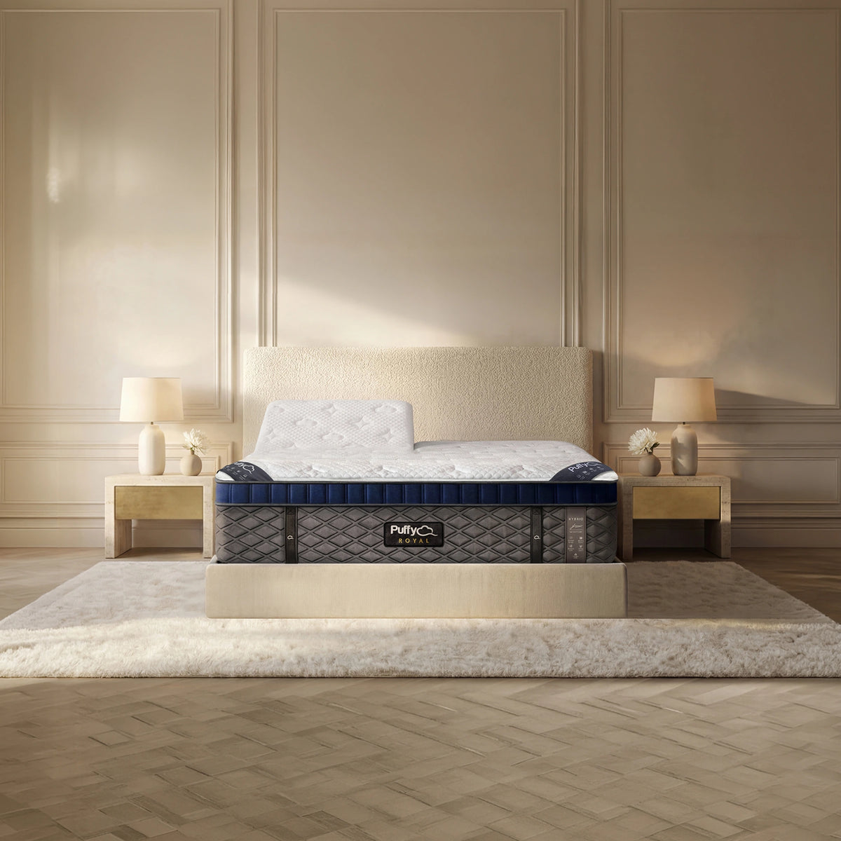 Puffy Royal V3 split-head mattress with one side raised, full bedroom front view