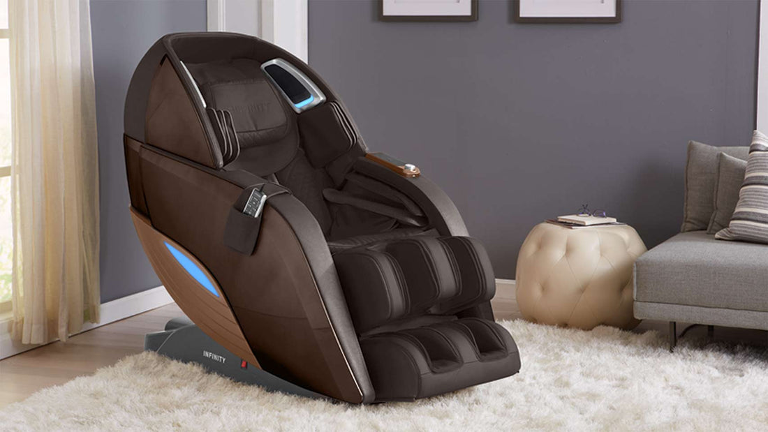 Infinity Dynasty massage chair in brown positioned in a living room