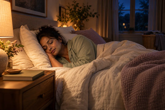 A mother sleeping on her side in a softly lit bedroom with ivory bedding.
